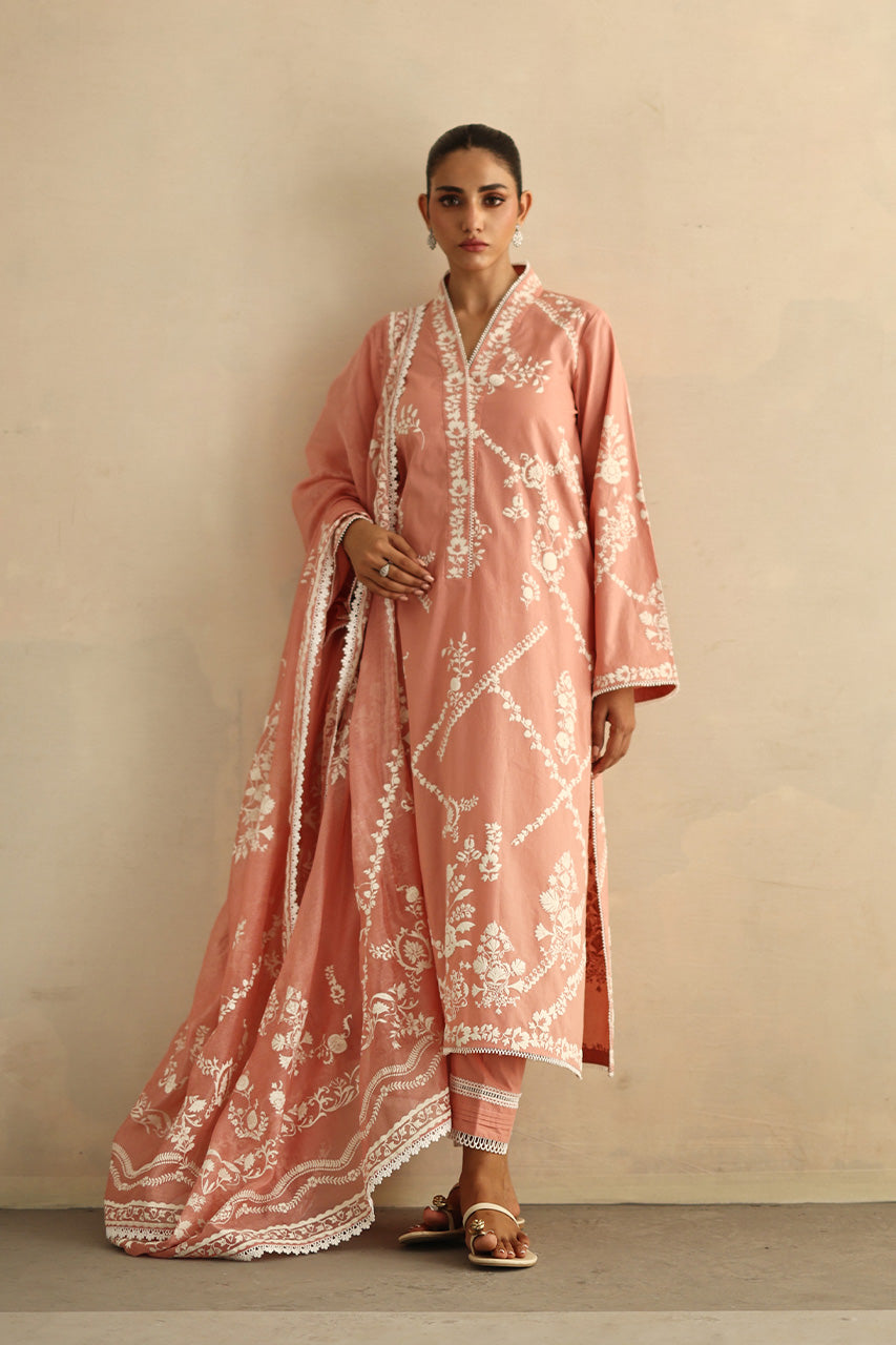 Blush Pink Embroidered Voile Cotton Kurta Set (3-Piece) - Image 6