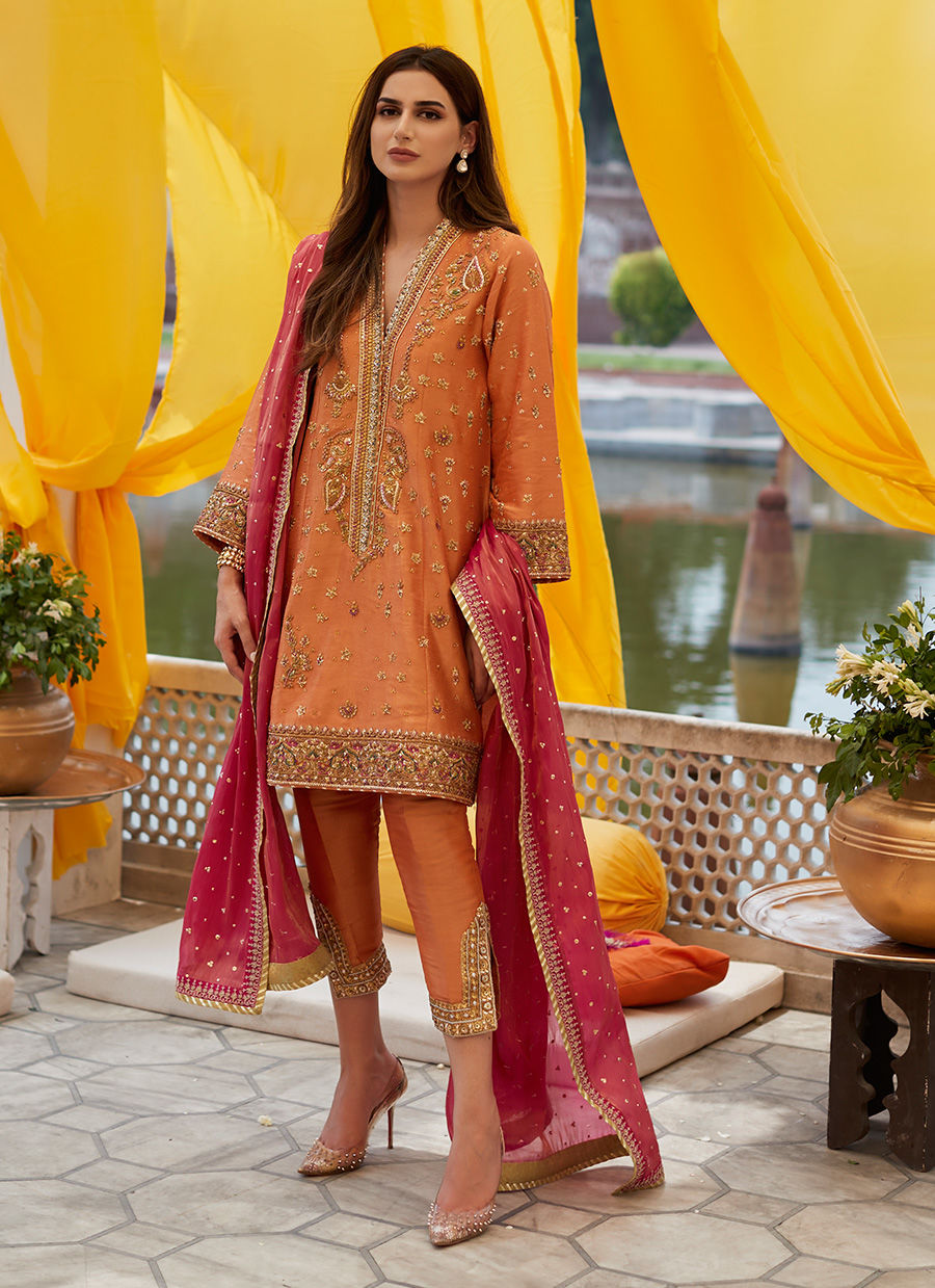 Pakistani Coral Zardozi Zari-Net A-Line Kurta (3-Piece) - Image 1