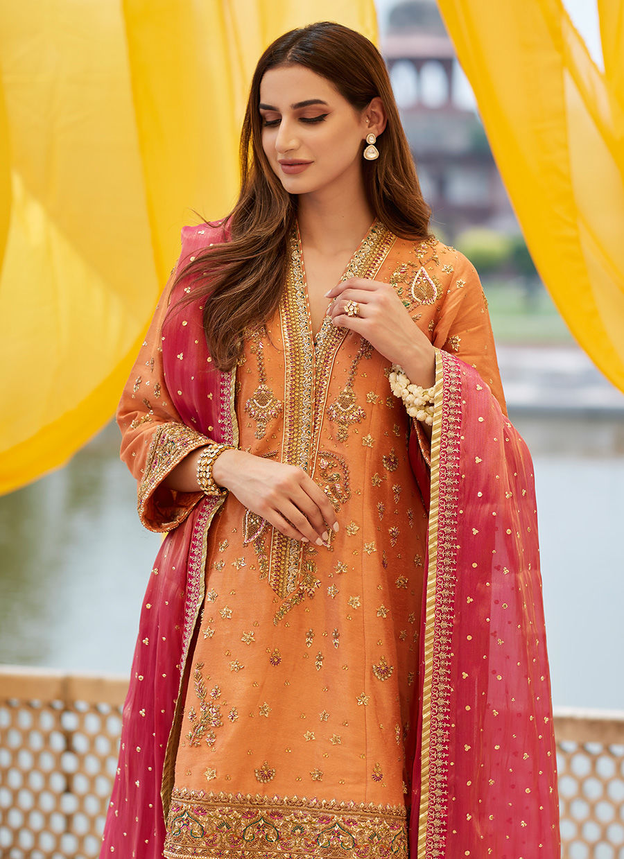 Pakistani Coral Zardozi Zari-Net A-Line Kurta (3-Piece) - Image 10