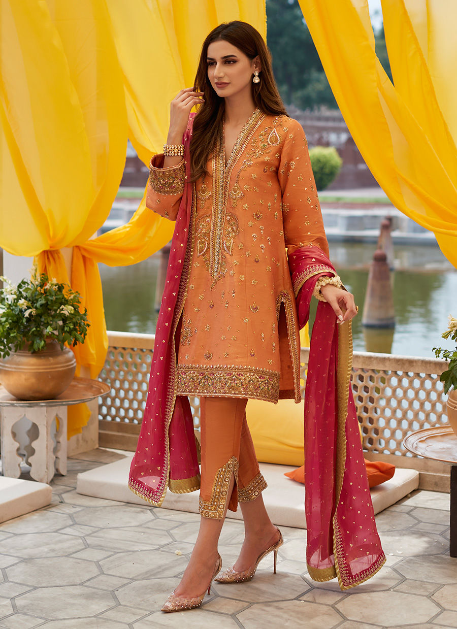 Pakistani Coral Zardozi Zari-Net A-Line Kurta (3-Piece) - Image 11