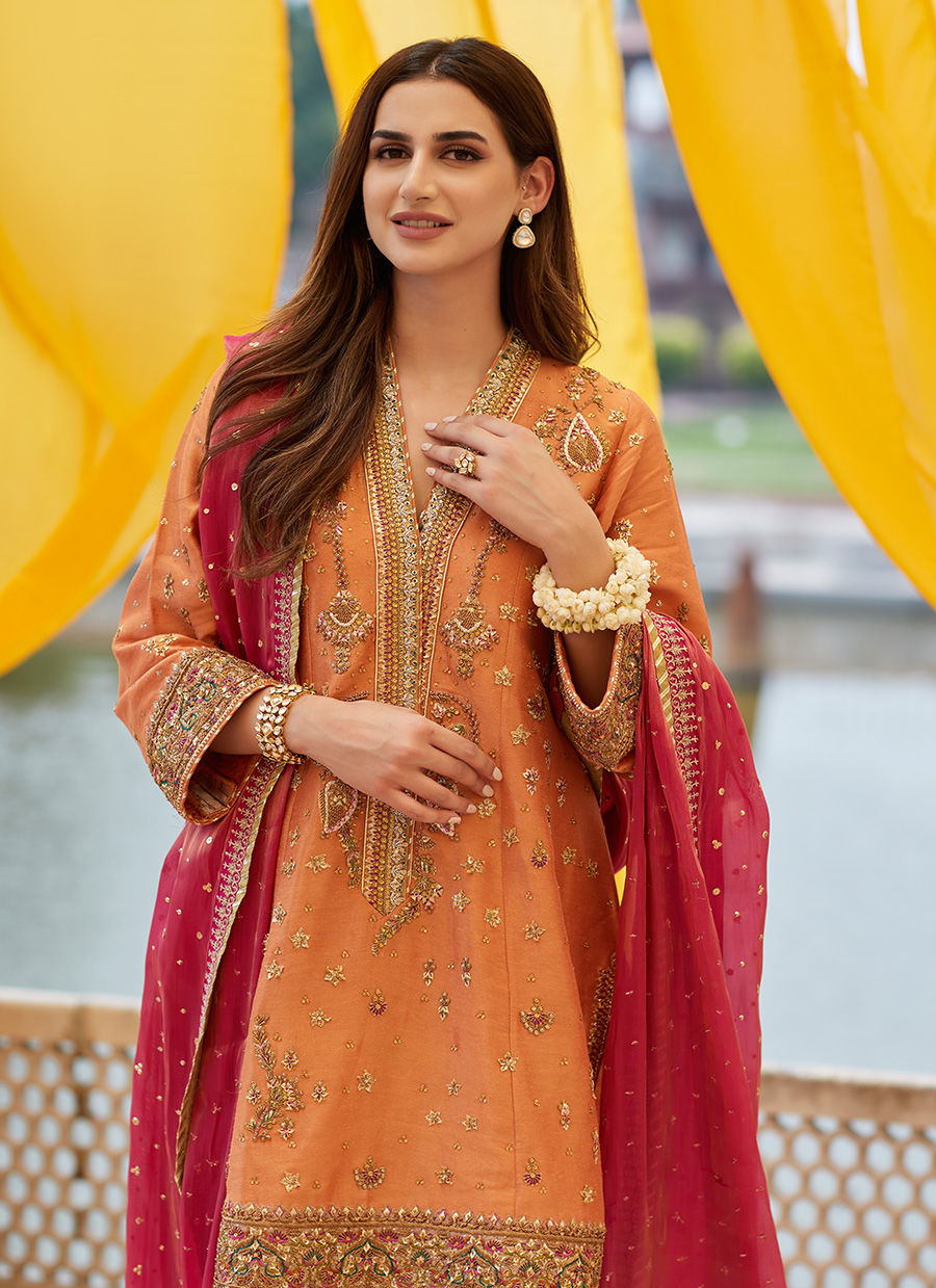 Pakistani Coral Zardozi Zari-Net A-Line Kurta (3-Piece) - Image 9