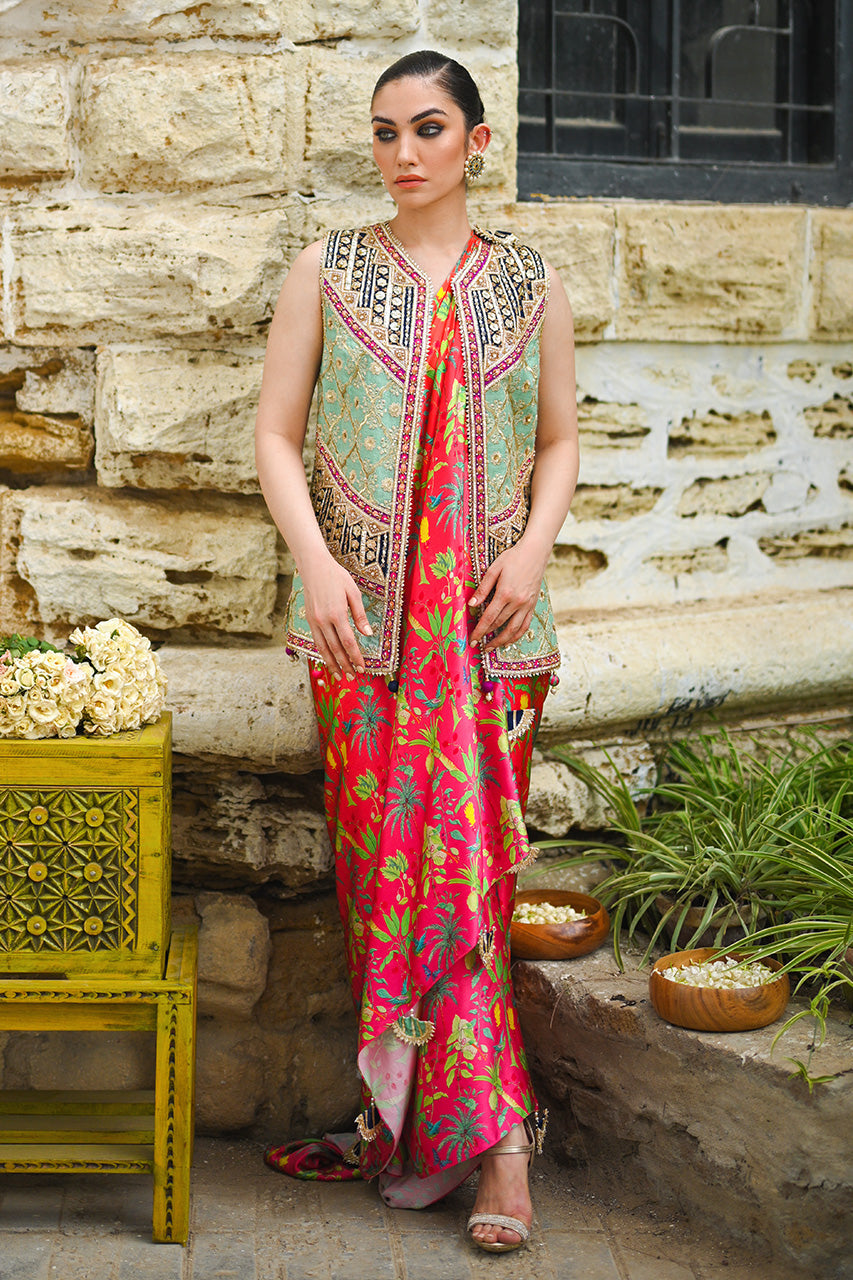 Pakistani Hot Pink Gota-Zardozi Charmeuse Saree (2-Piece) - Image 1