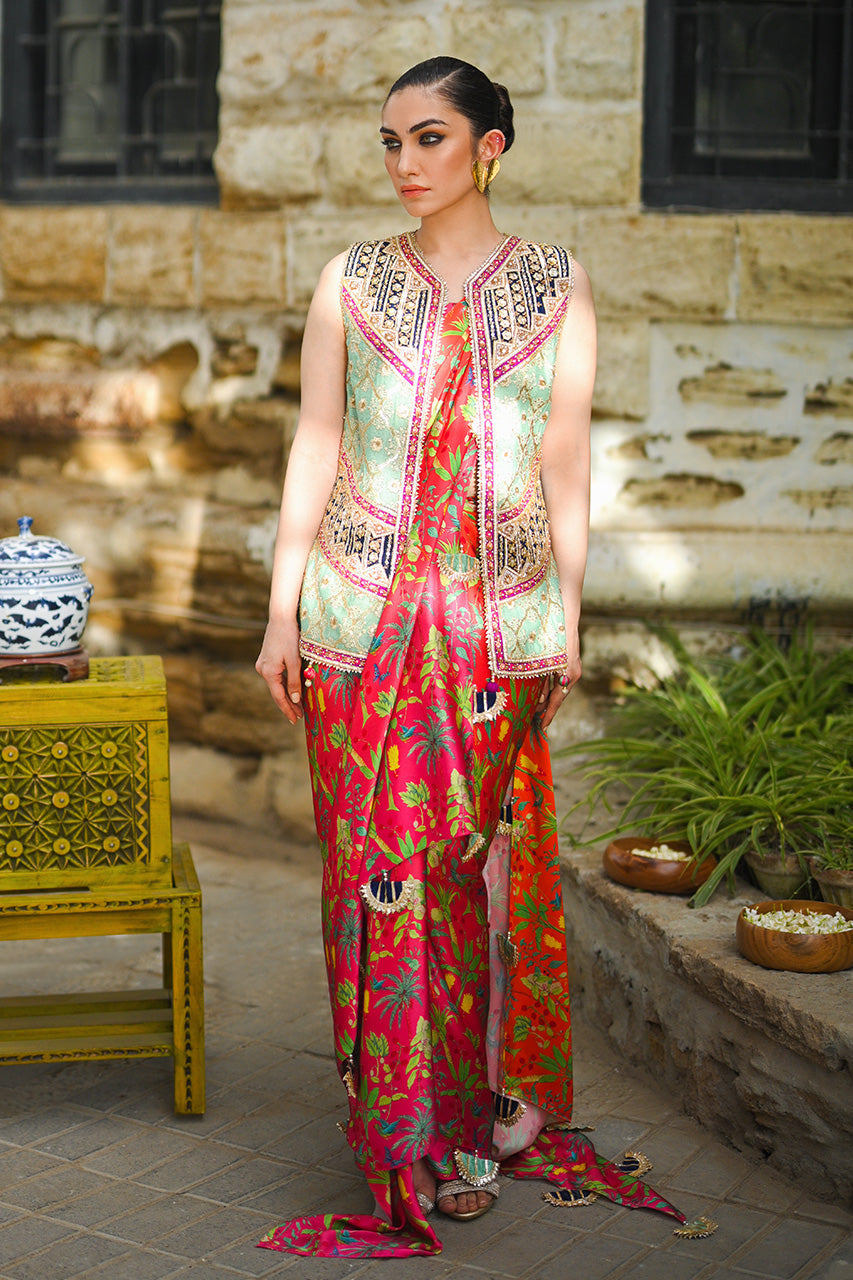 Pakistani Hot Pink Gota-Zardozi Charmeuse Saree (2-Piece) - Image 5