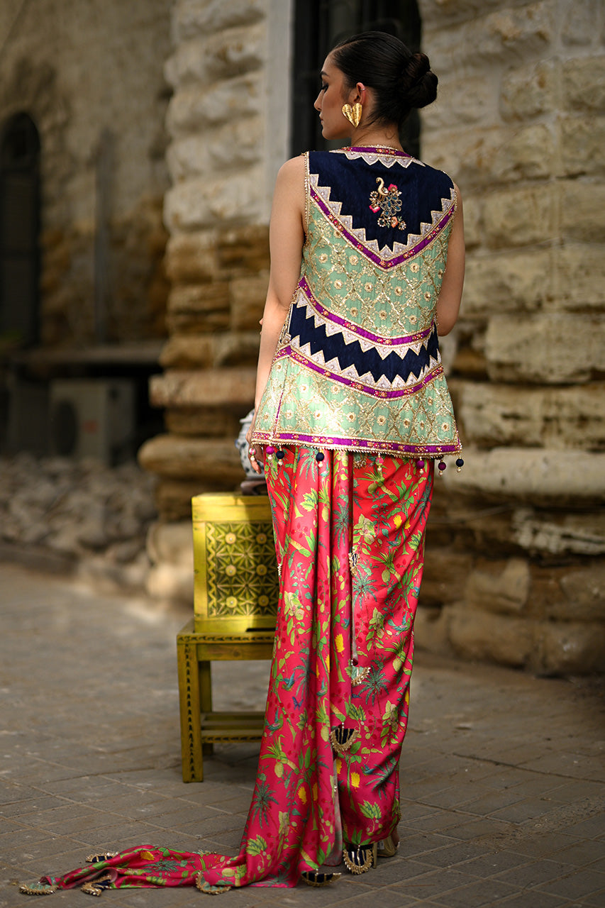 Hot Pink Gota Zardozi Charmeuse Saree (2-Piece) - Image 2