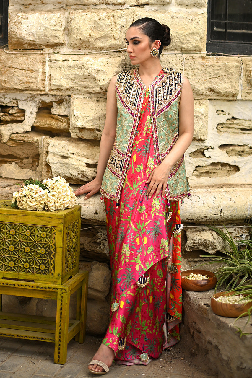 Hot Pink Gota Zardozi Charmeuse Saree (2-Piece) - Image 3