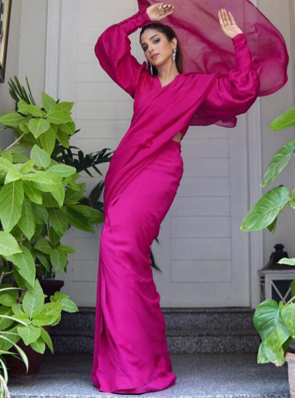 Pakistani Fuchsia Pink Pure Chiffon Saree (Full Set) - Image 1