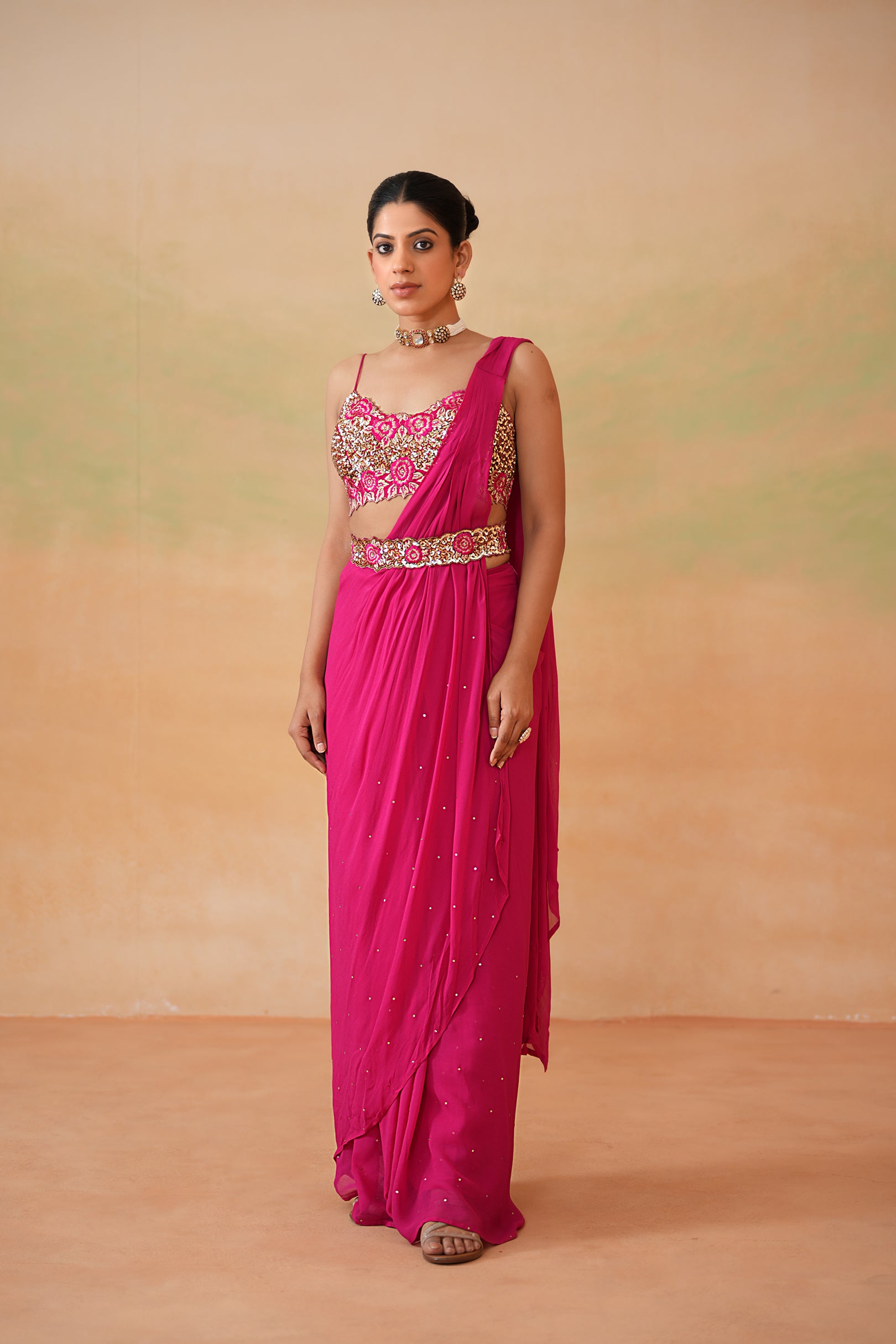 Fuchsia Embroidered Dupion Silk Saree Set (2-Piece) - Image 2