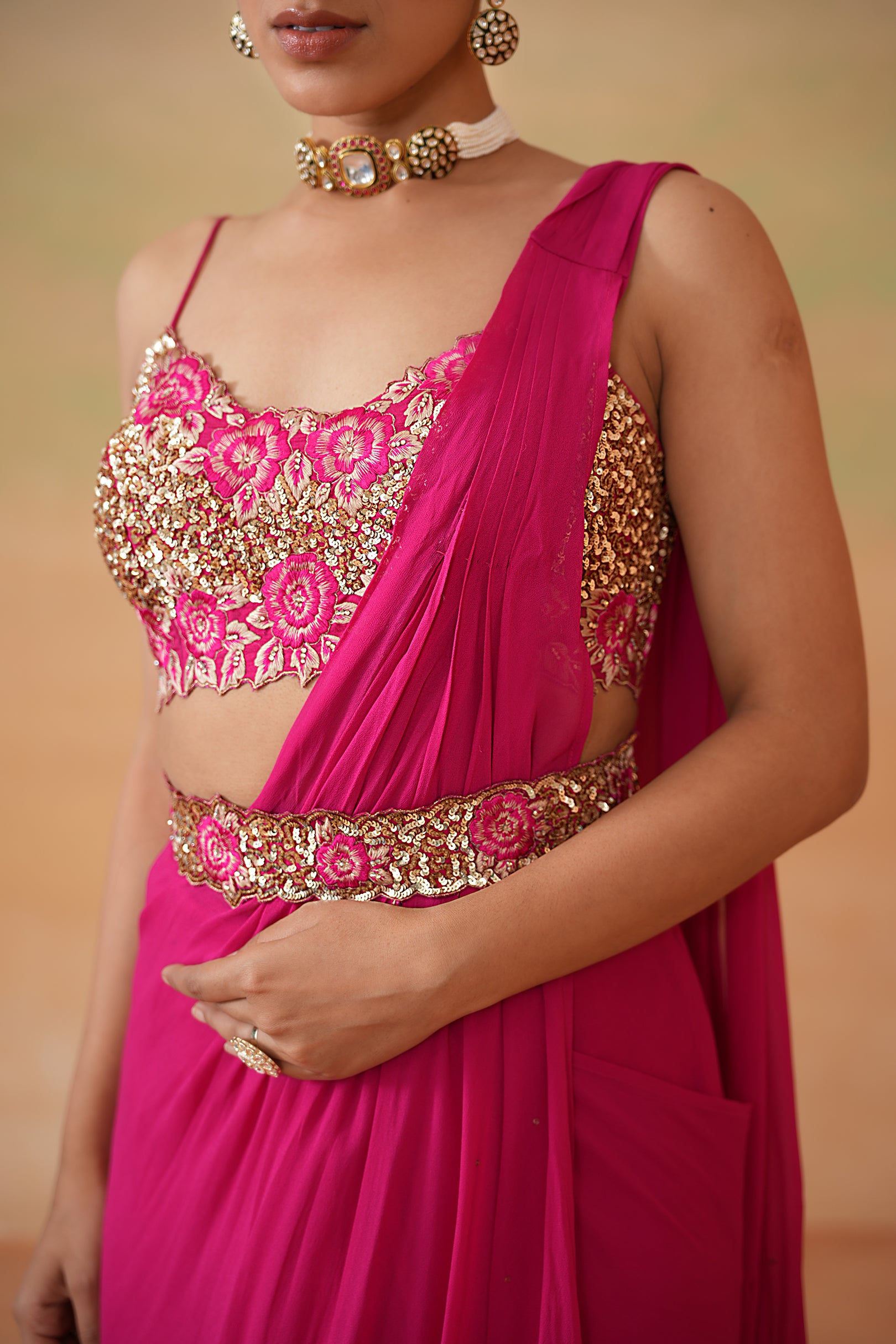 Fuchsia Embroidered Dupion Silk Saree Set (2-Piece) - Image 3