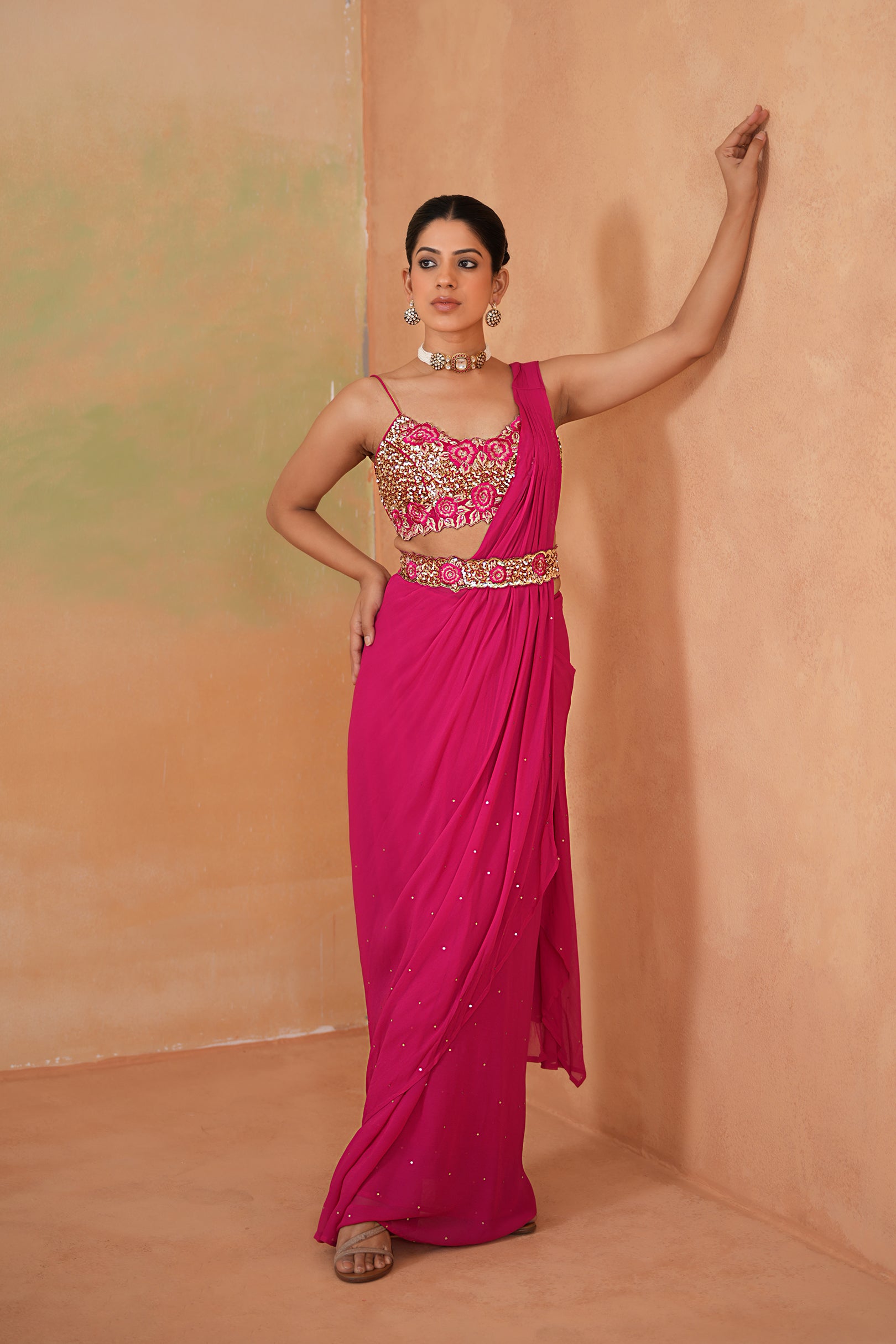 Fuchsia Embroidered Dupion Silk Saree Set (2-Piece) - Image 4