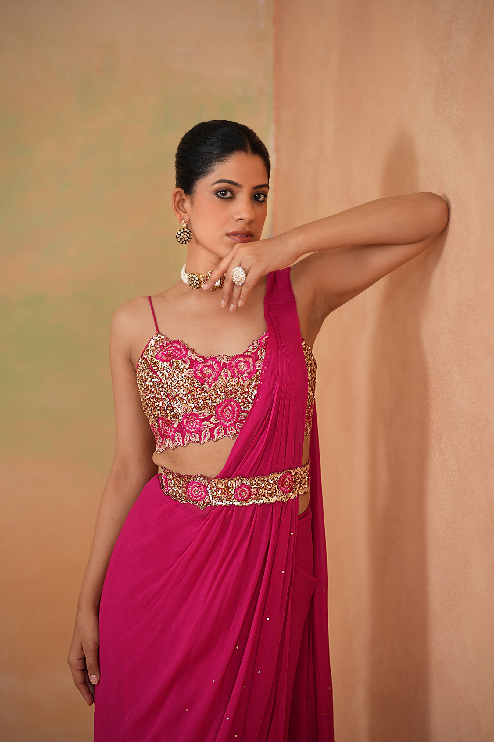 Fuchsia Embroidered Dupion Silk Saree Set (2-Piece) - Image 5