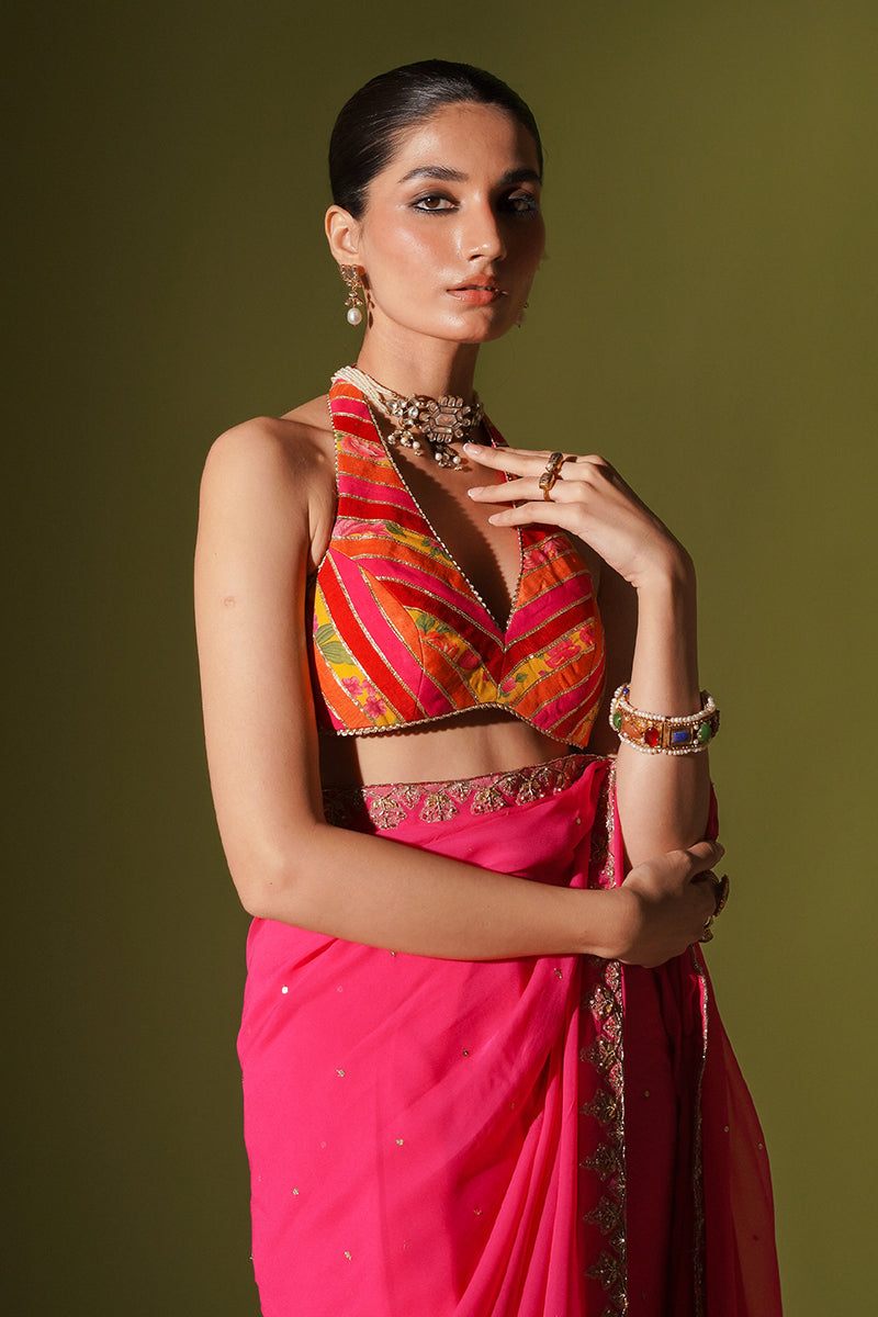 Pakistani Fuchsia Embroidered Georgette Saree with Korean Silk Blouse (2-Piece) - Image 2