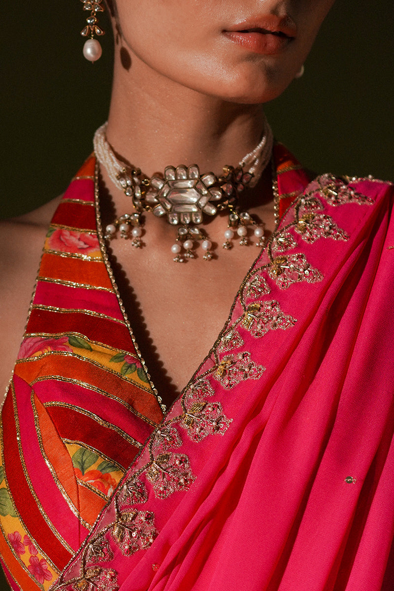 Pakistani Fuchsia Embroidered Georgette Saree with Korean Silk Blouse (2-Piece) - Image 4