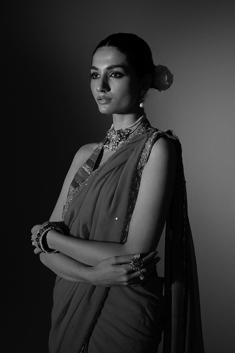 Pakistani Fuchsia Embroidered Georgette Saree with Korean Silk Blouse (2-Piece) - Image 5