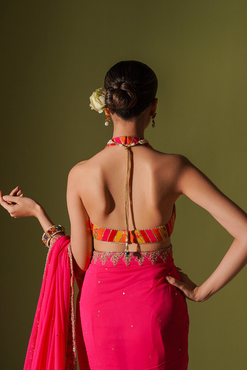 Pakistani Fuchsia Embroidered Georgette Saree with Korean Silk Blouse (2-Piece) - Image 6