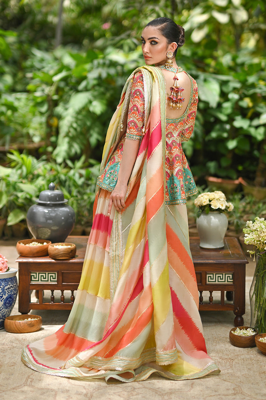 Peach Gota Embellished Khaddi Silk Peplum Saree (2-Piece) - Image 1