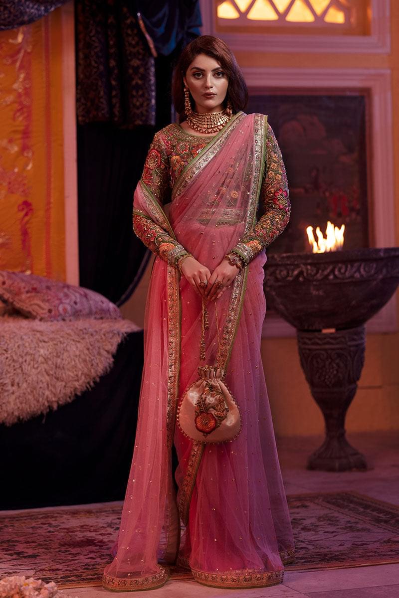 Rose Pink Embroidered Net Saree (2-Piece) - Image 1