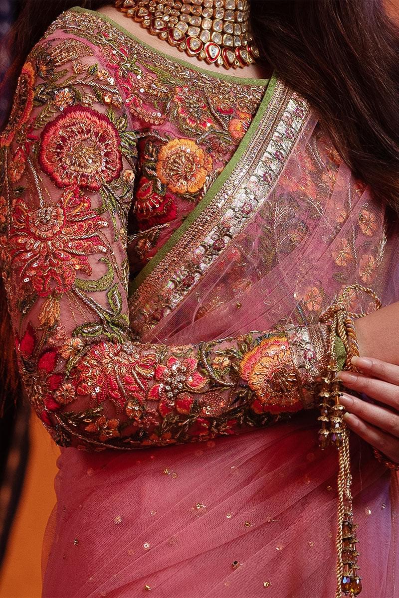 Rose Pink Embroidered Net Saree (2-Piece) - Image 10