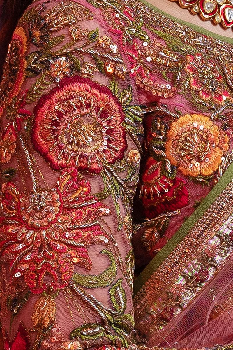 Rose Pink Embroidered Net Saree (2-Piece) - Image 11