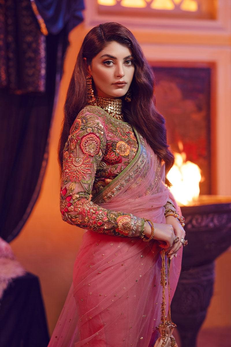 Rose Pink Embroidered Net Saree (2-Piece) - Image 3