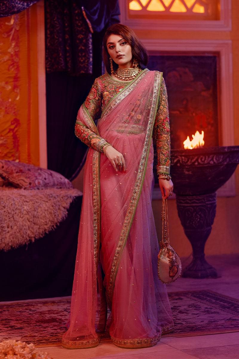 Rose Pink Embroidered Net Saree (2-Piece) - Image 4