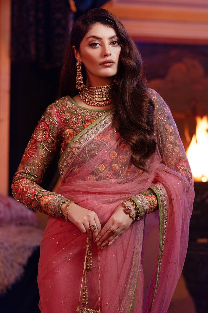 Rose Pink Embroidered Net Saree (2-Piece) - Image 5