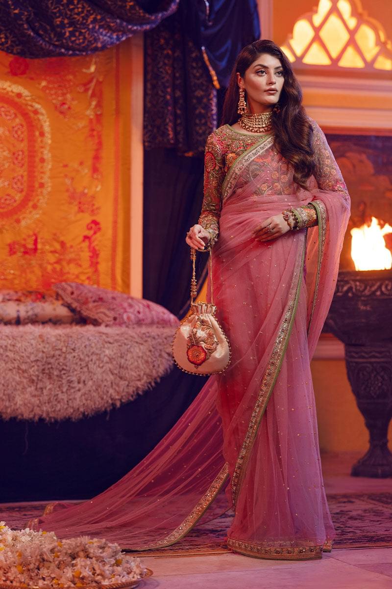 Rose Pink Embroidered Net Saree (2-Piece) - Image 6