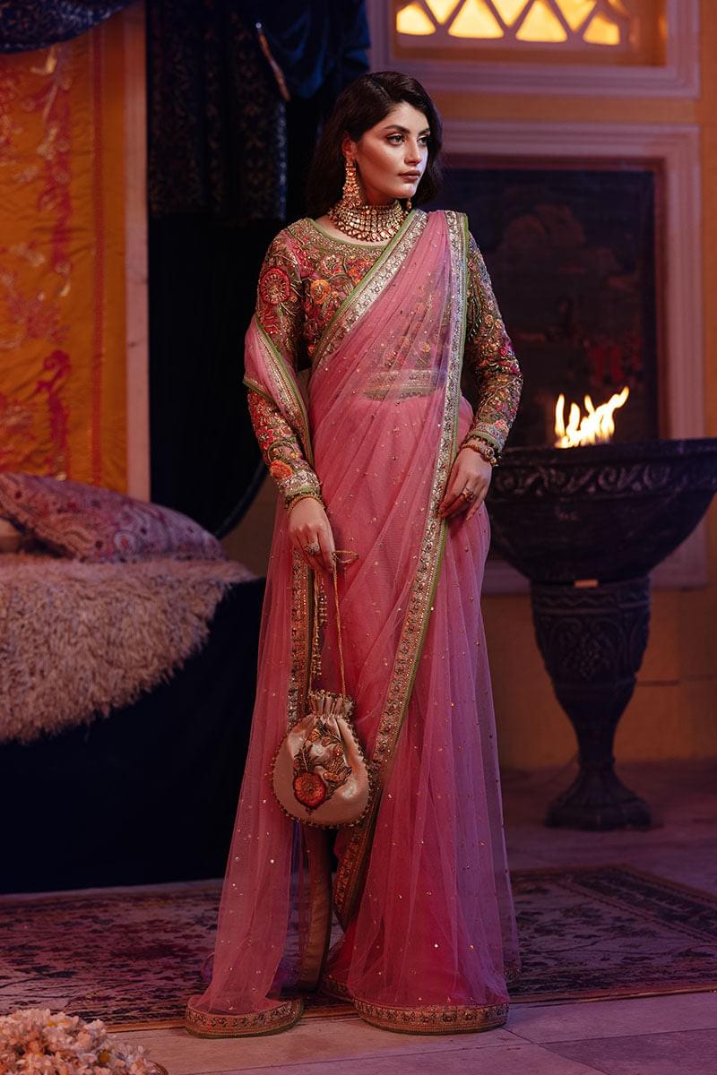 Rose Pink Embroidered Net Saree (2-Piece) - Image 7