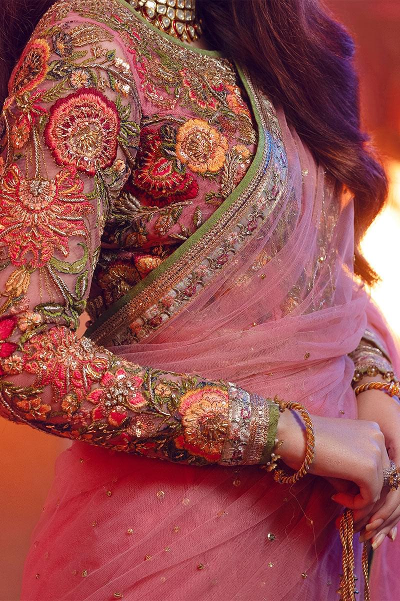 Rose Pink Embroidered Net Saree (2-Piece) - Image 8