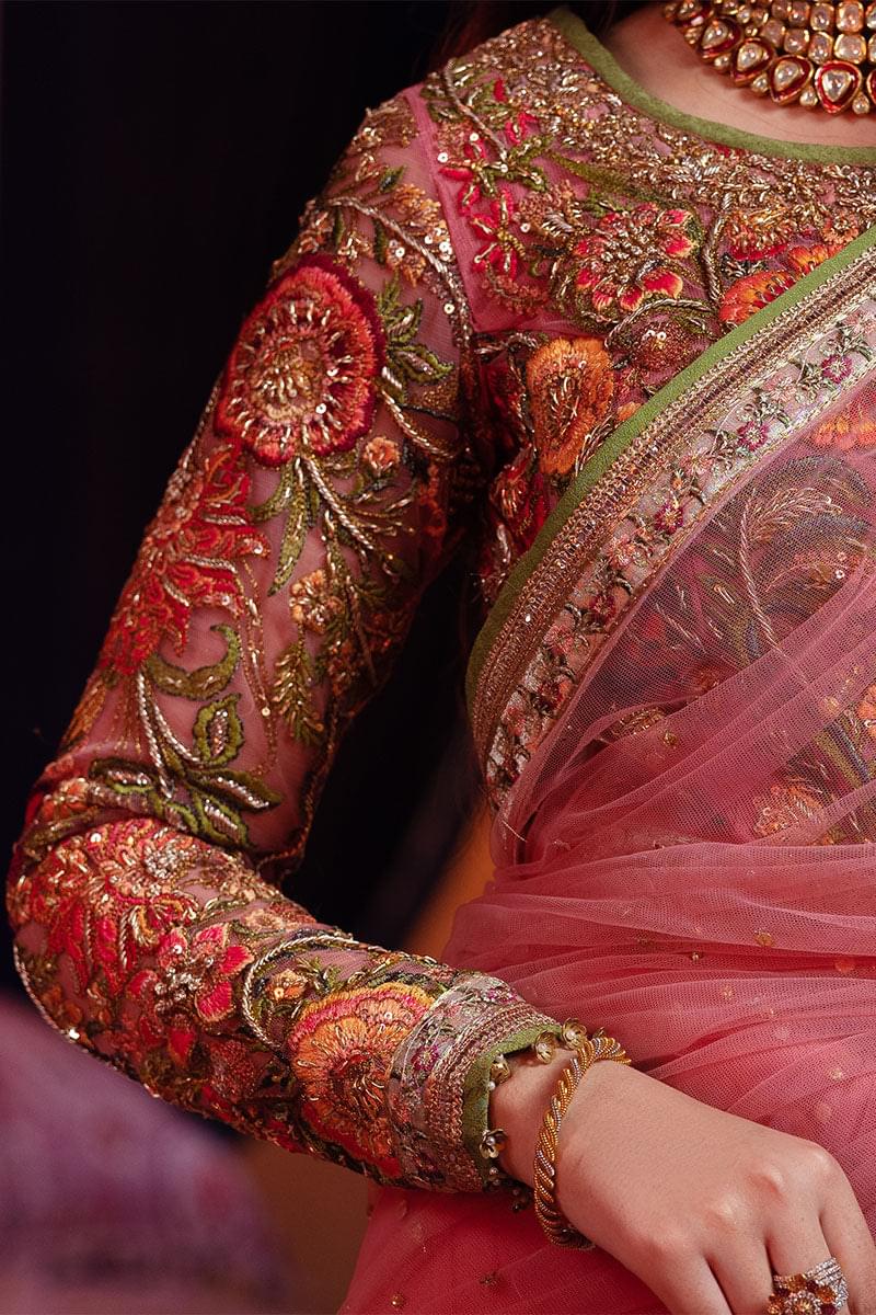 Rose Pink Embroidered Net Saree (2-Piece) - Image 9