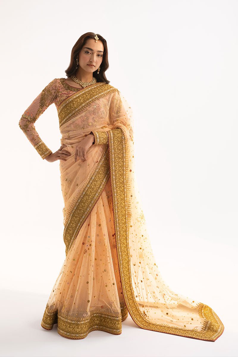 Pakistani Peach Embroidered Net Saree with Silk Petticoat (3-Piece) - Image 2