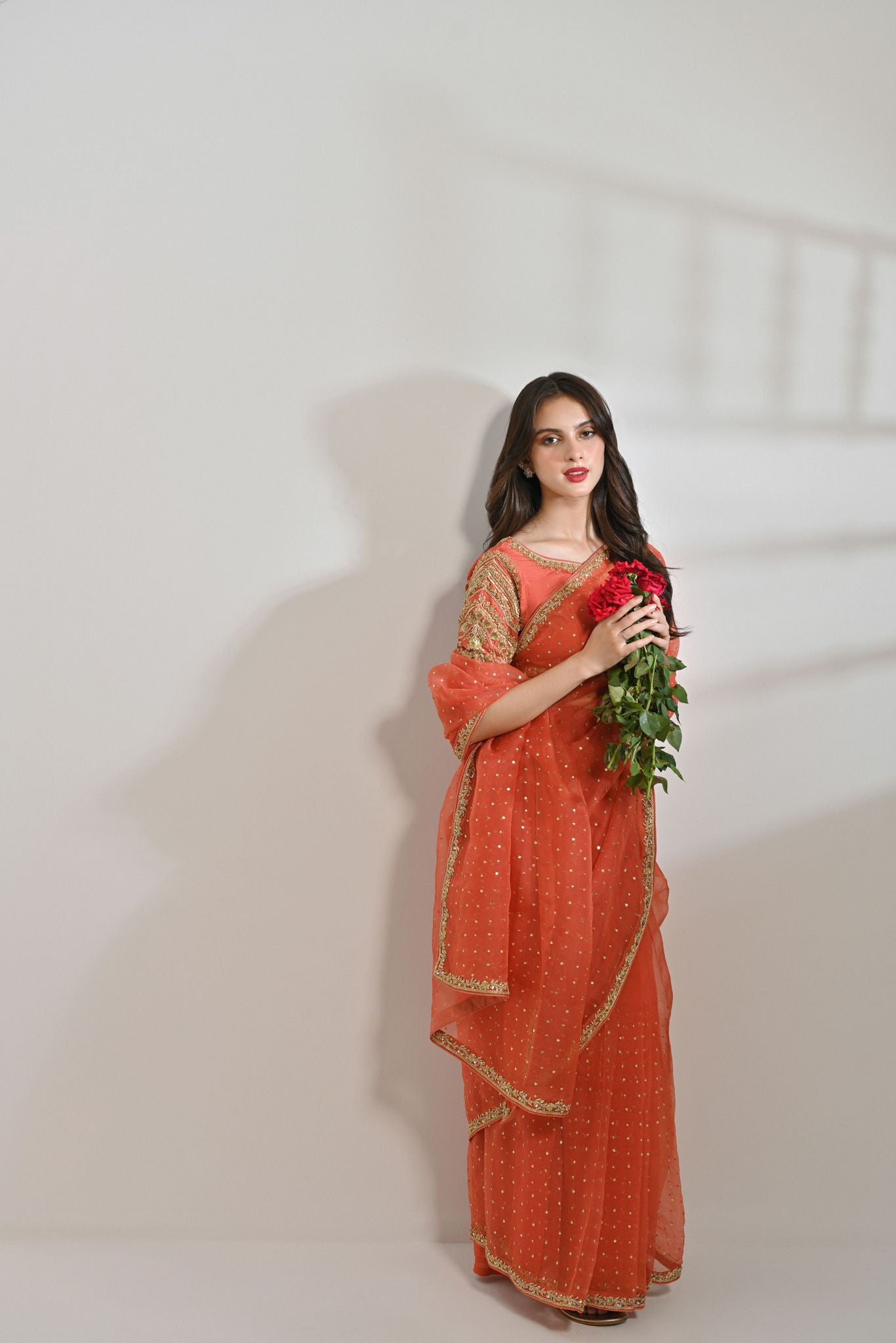 Pakistani Coral Gold Hand-Embroidered Pure Organza Saree (2-Piece) - Image 2