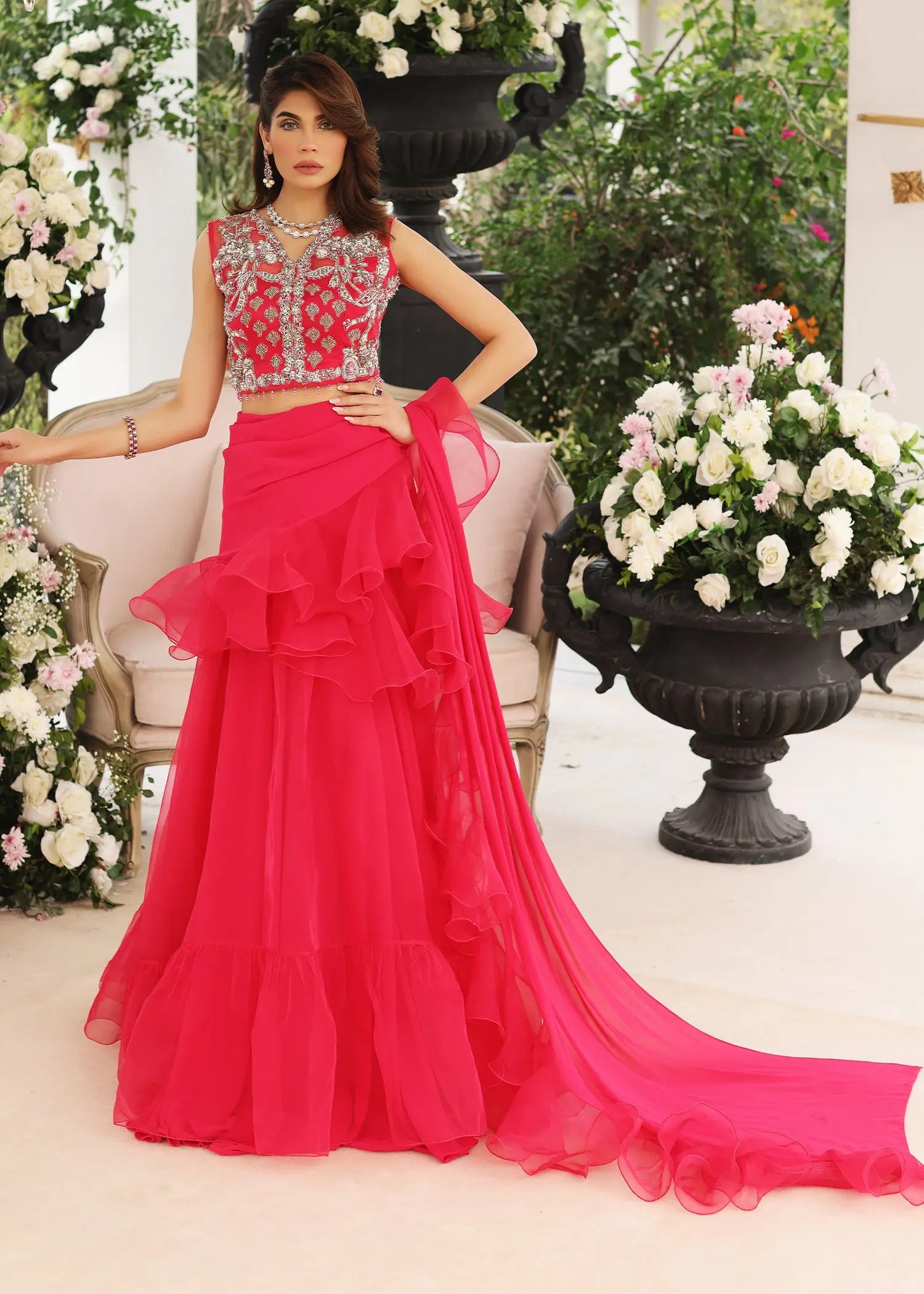 Pakistani Pink Embellished Organza Saree Set (2-Piece) - Image 1