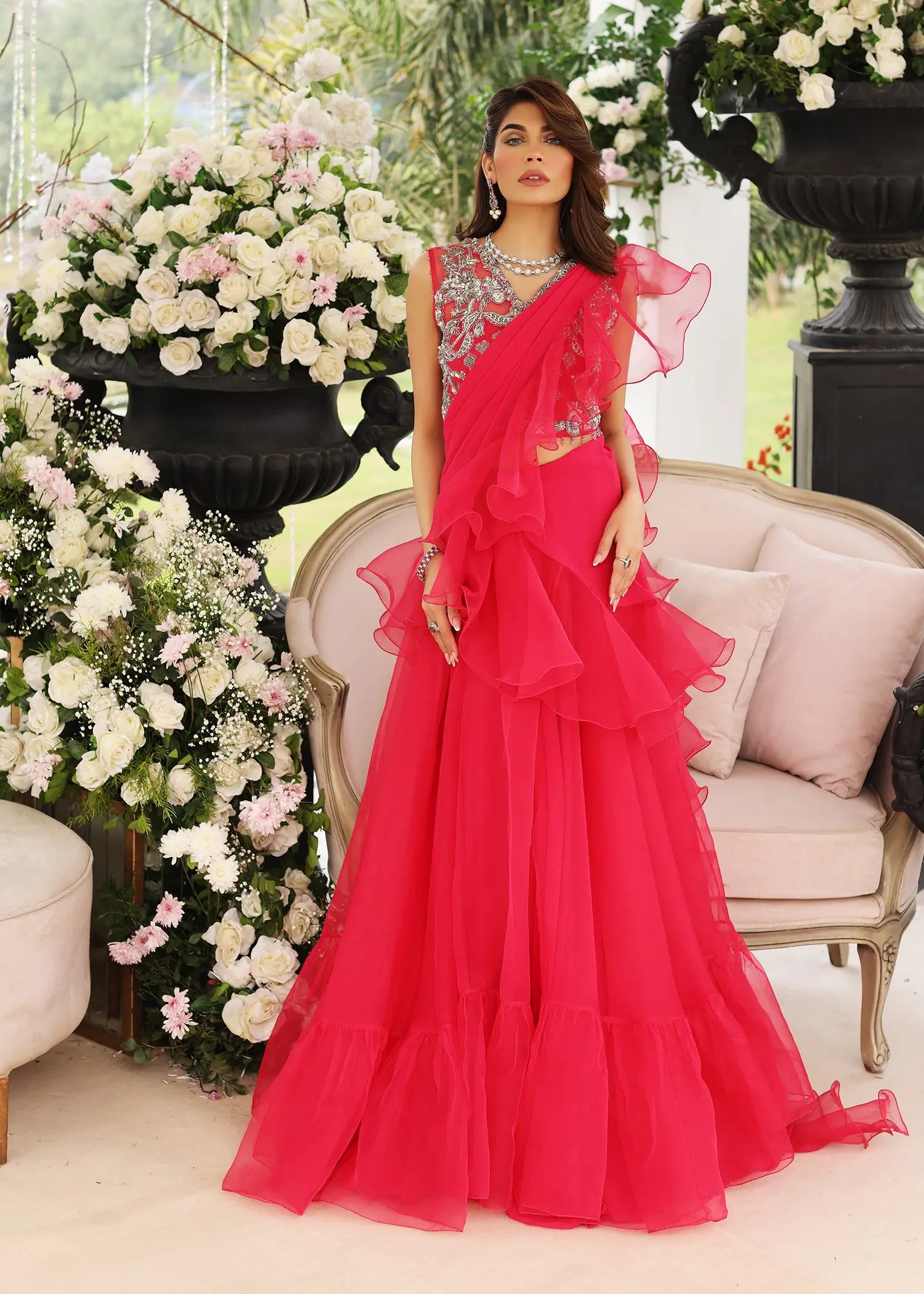 Pakistani Pink Embellished Organza Saree Set (2-Piece) - Image 11