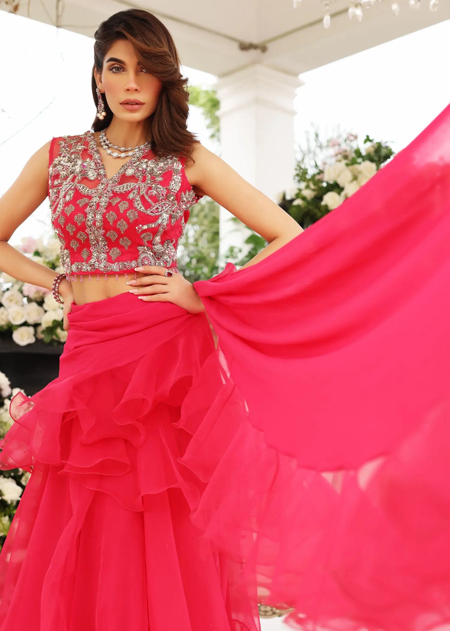 Pakistani Pink Embellished Organza Saree Set (2-Piece) - Image 3