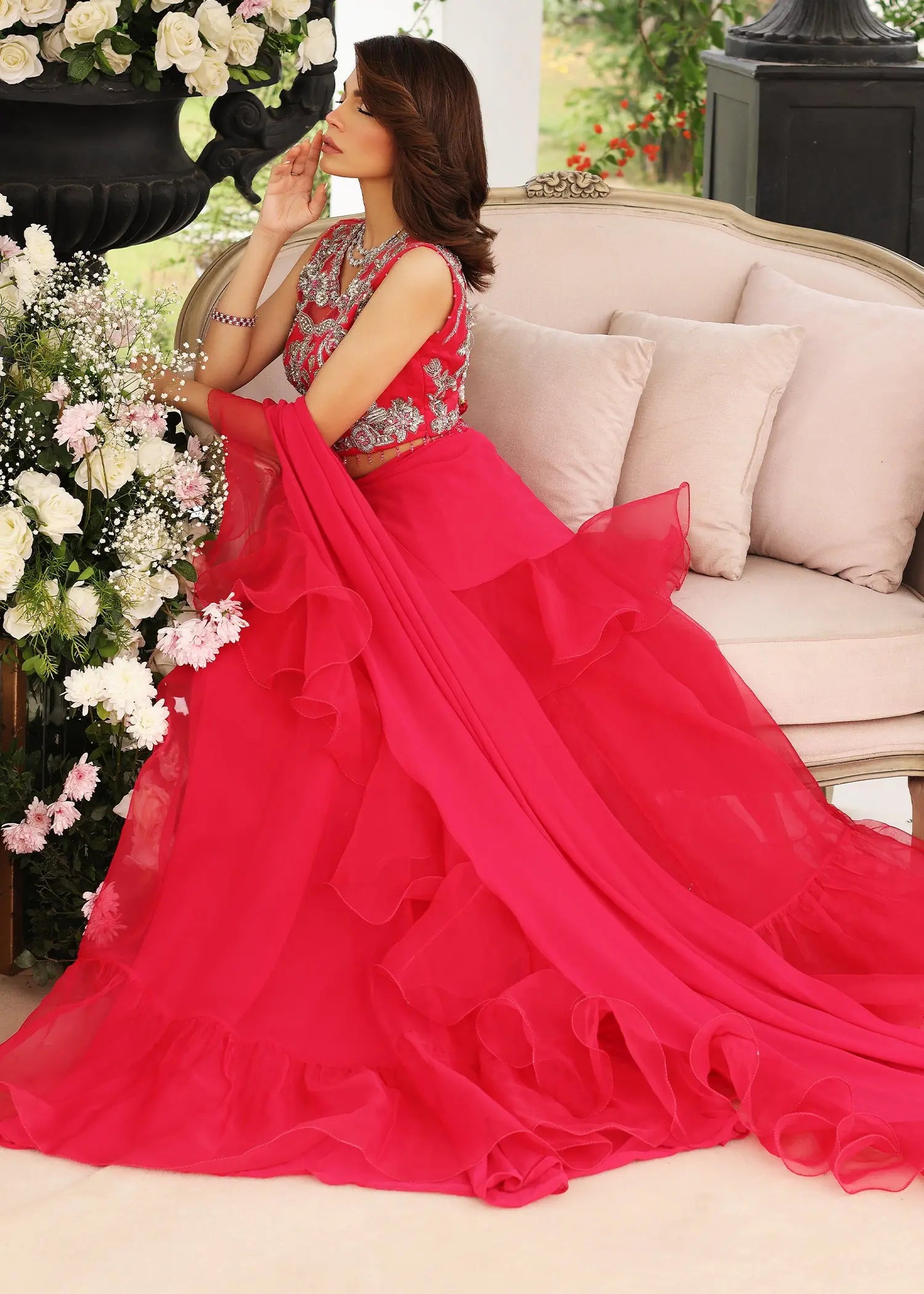 Pakistani Pink Embellished Organza Saree Set (2-Piece) - Image 4