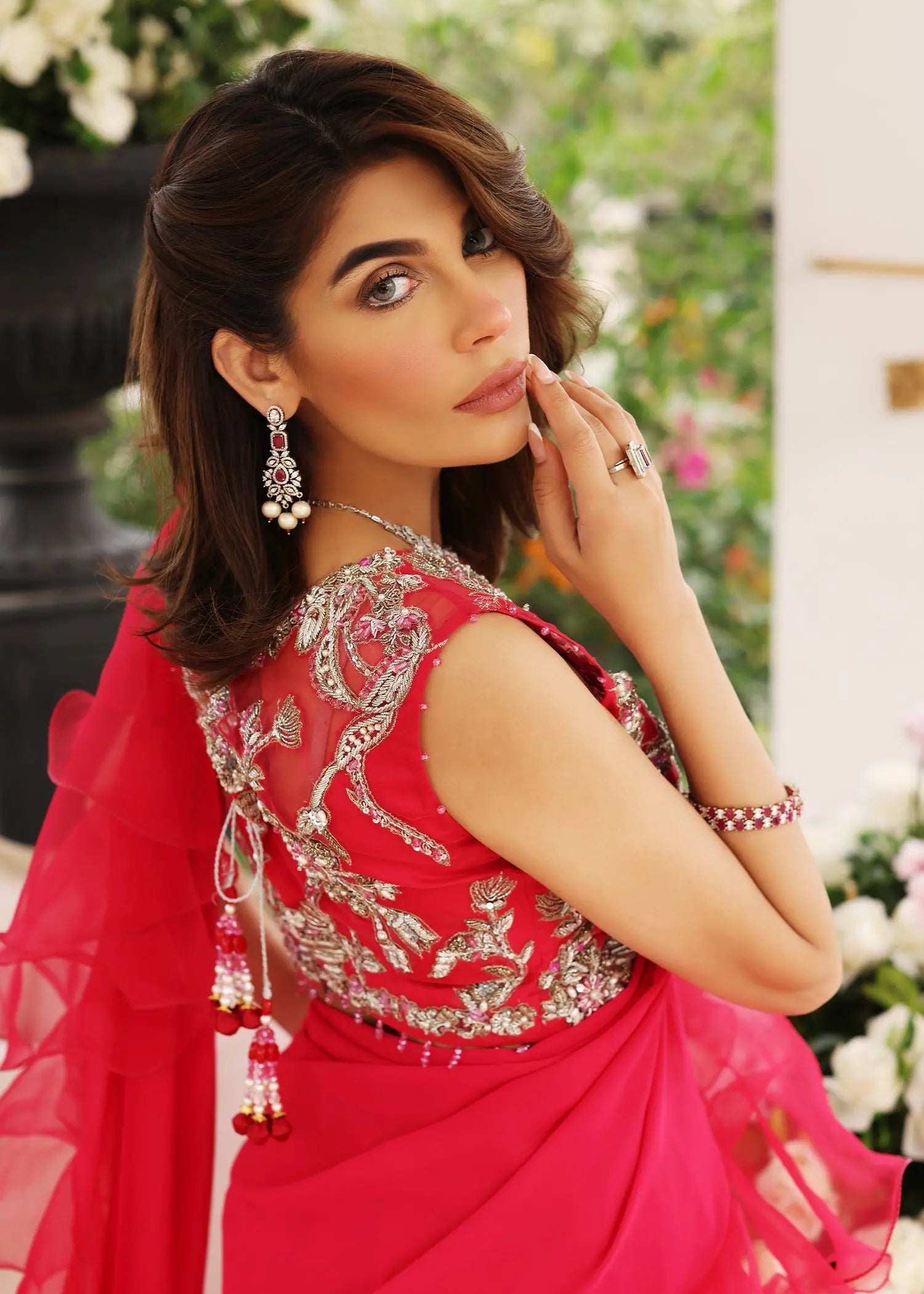 Pakistani Pink Embellished Organza Saree Set (2-Piece) - Image 5