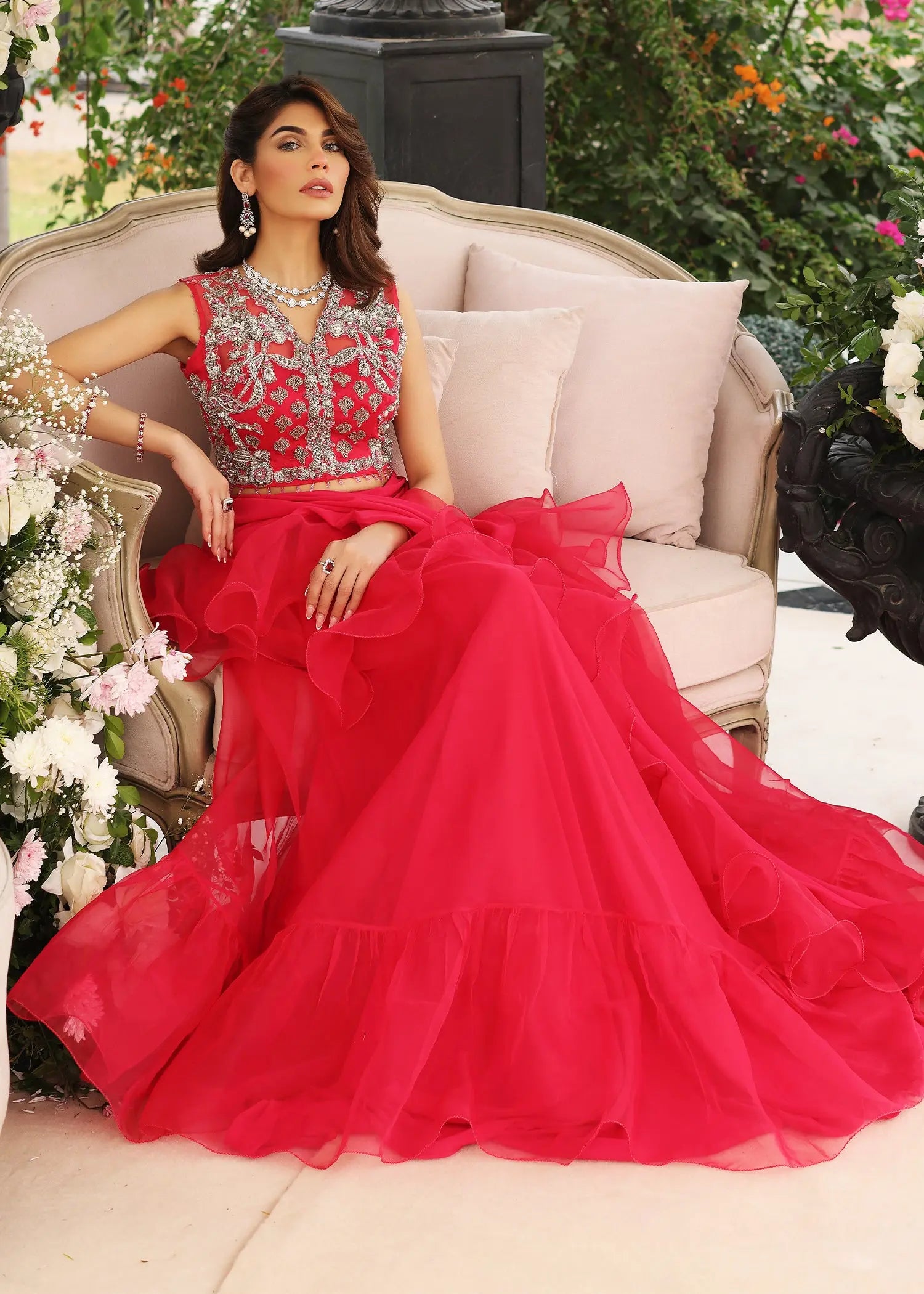 Pakistani Pink Embellished Organza Saree Set (2-Piece) - Image 6