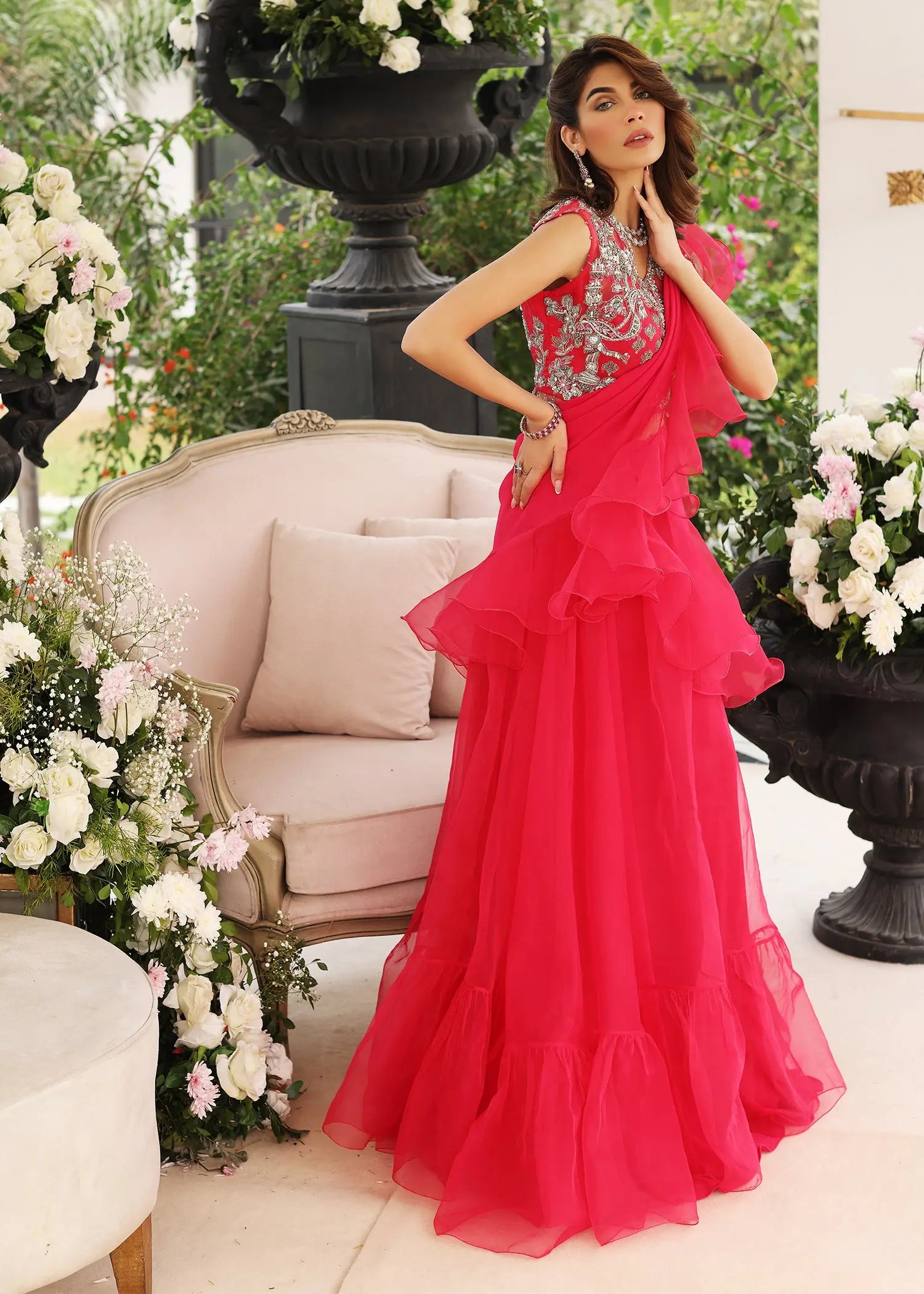 Pakistani Pink Embellished Organza Saree Set (2-Piece) - Image 7