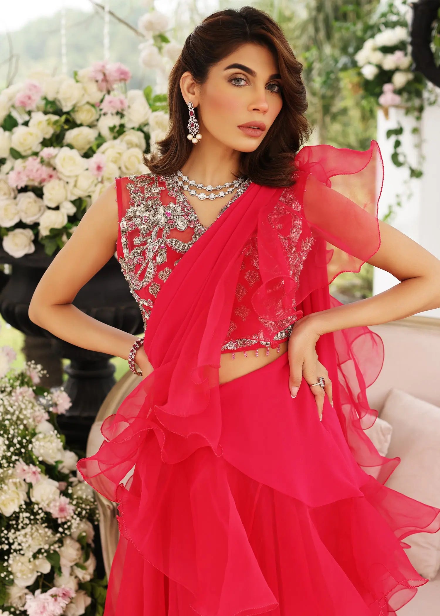 Pakistani Pink Embellished Organza Saree Set (2-Piece) - Image 8