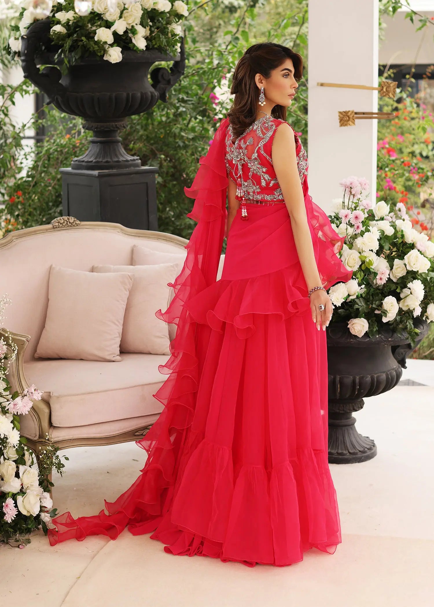 Pakistani Pink Embellished Organza Saree Set (2-Piece) - Image 9