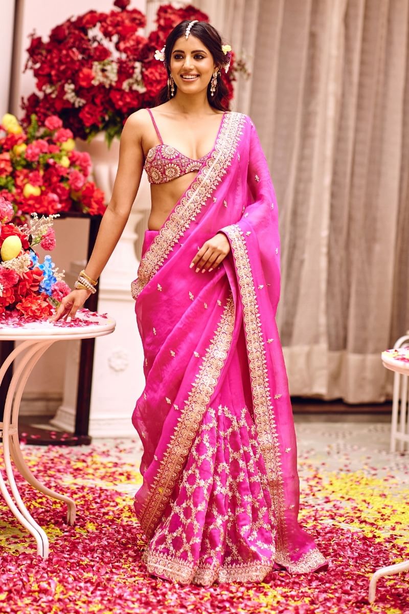 Bright Pink Embroidered Organza Saree (2-Piece) - Image 1