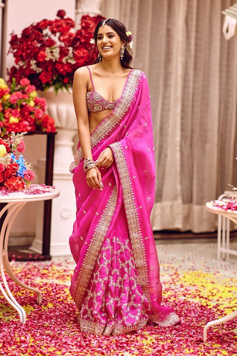 Bright Pink Embroidered Organza Saree (2-Piece) - Image 3