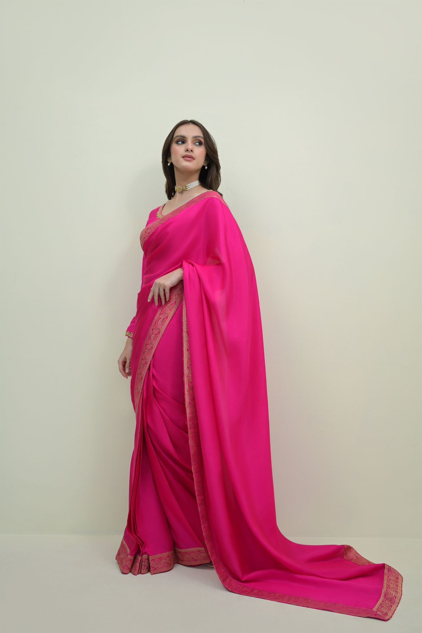 Hot Pink Brocade Border Pure Silk Saree (2-Piece) - Image 1