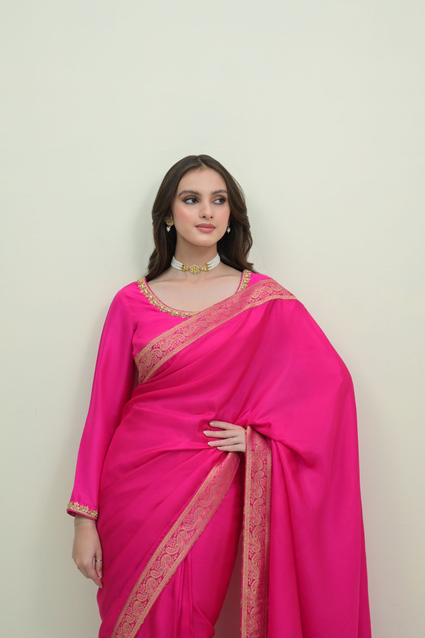 Hot Pink Brocade Border Pure Silk Saree (2-Piece) - Image 4