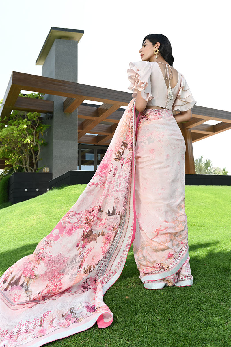 Pakistani Baby Pink Digital Print Pure Raw Silk Saree (3-Piece) - Image 4