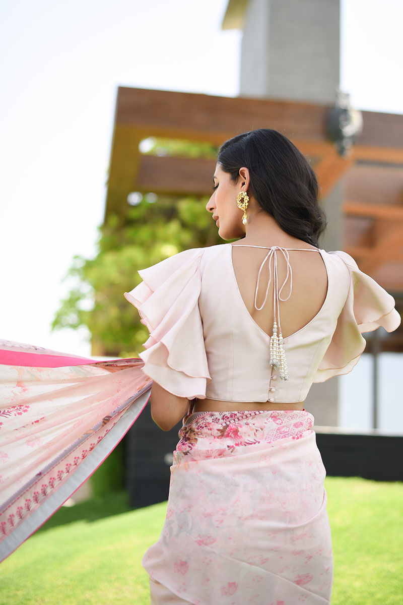 Pakistani Baby Pink Digital Print Pure Raw Silk Saree (3-Piece) - Image 6