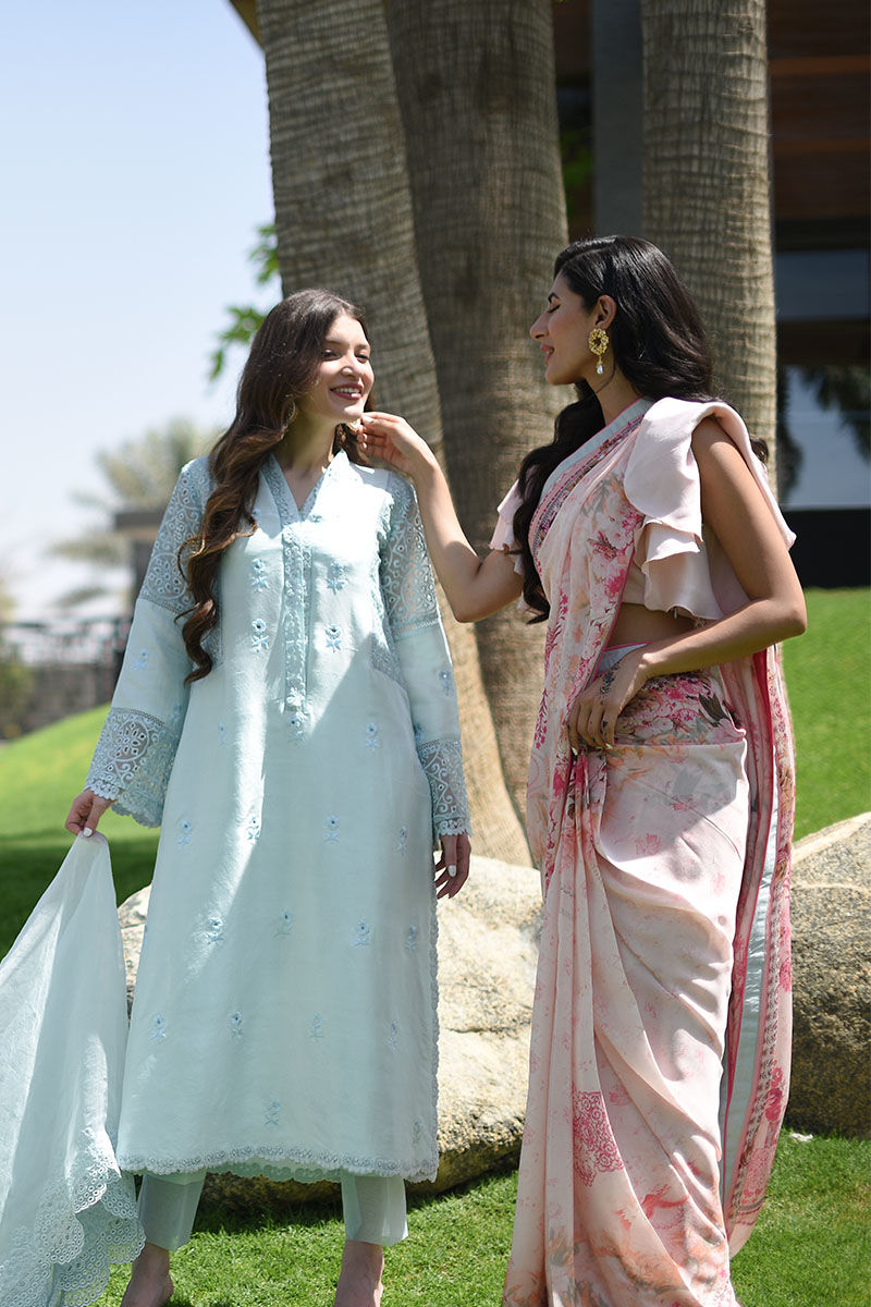 Pakistani Baby Pink Digital Print Pure Raw Silk Saree (3-Piece) - Image 8