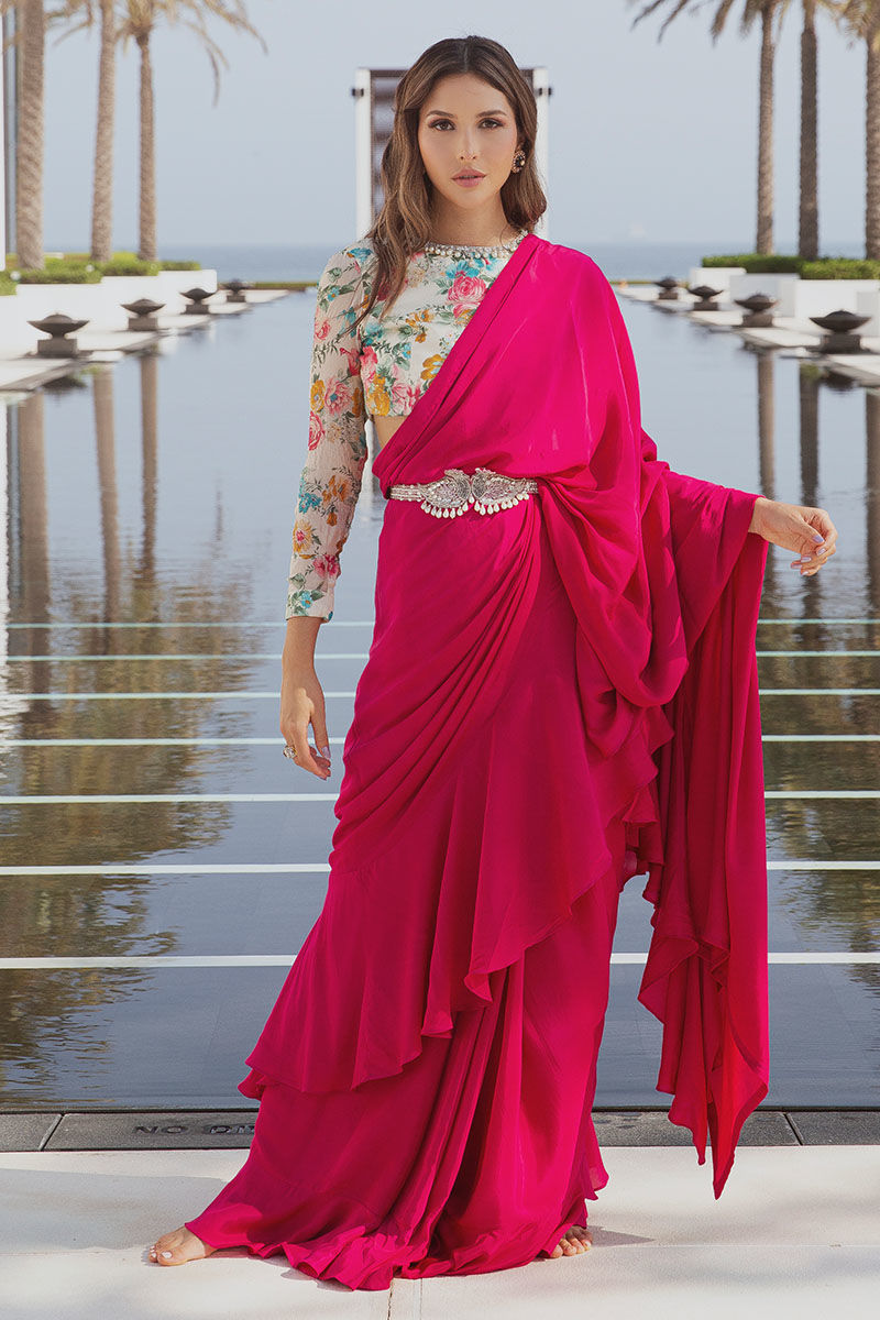 Magenta Silk Saree with Floral Blouse (2-Piece) - Image 1