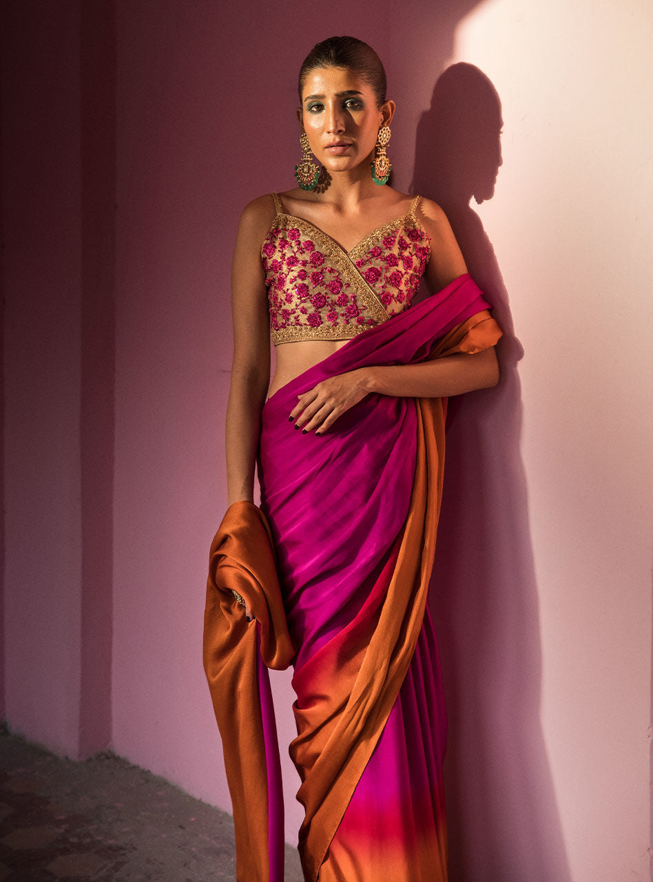 Pakistani Fuchsia Orange Embroidered Silk Saree (2-Piece) - Image 1