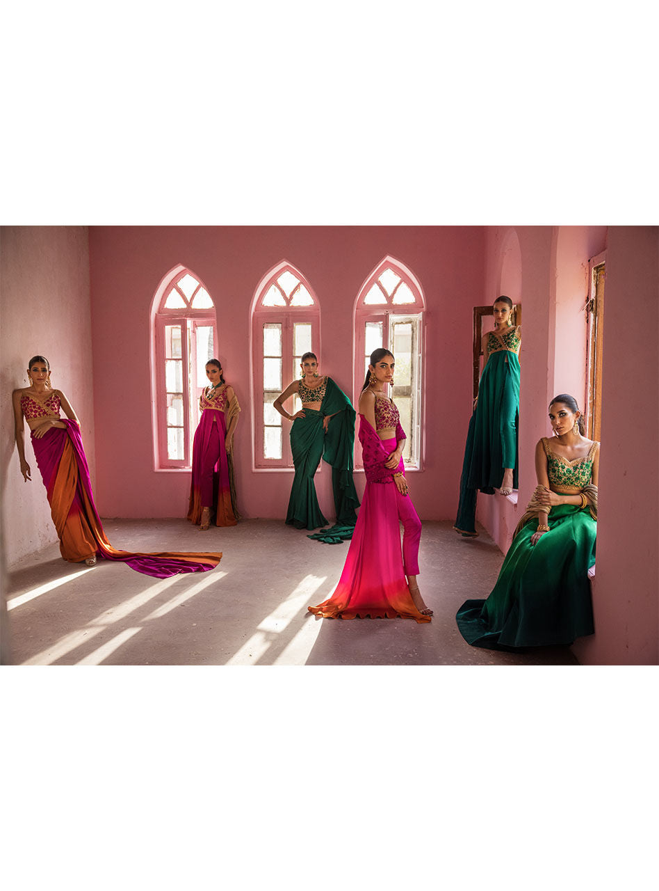 Pakistani Fuchsia Orange Embroidered Silk Saree (2-Piece) - Image 10